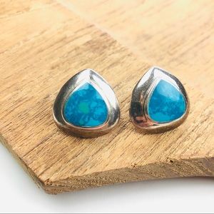 Vintage Sterling Silver Turquoise Inlay Stud Earrings | Teardrop